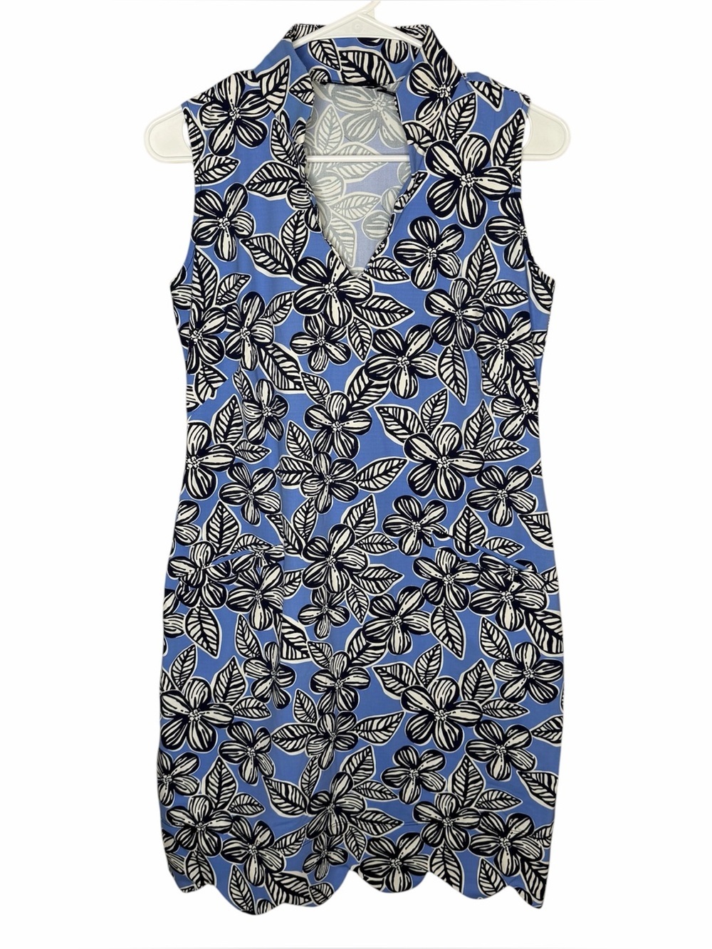 Katherine Way Sleeveless Dress Size Small Scalloped Hem Athletic Blue Floral